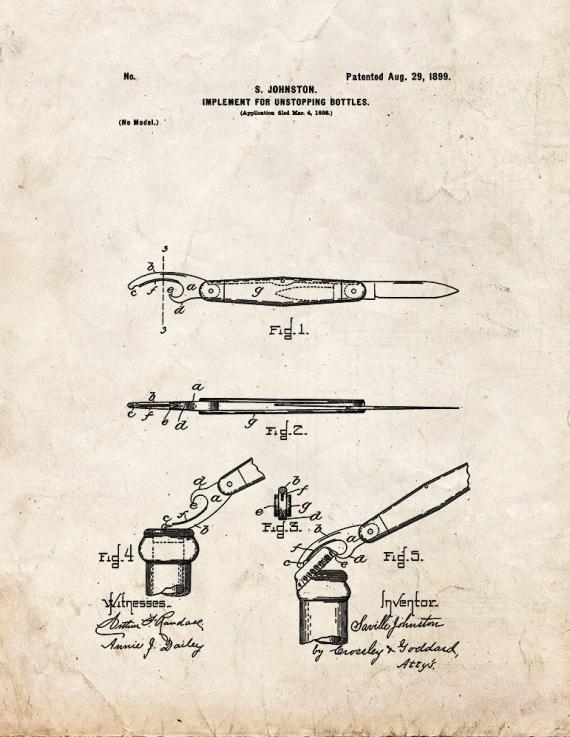 Implement For Unstopping Bottles Patent Print
