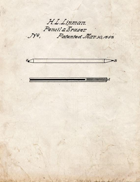 Combination Of Lead Pencil And Eraser Patent Print