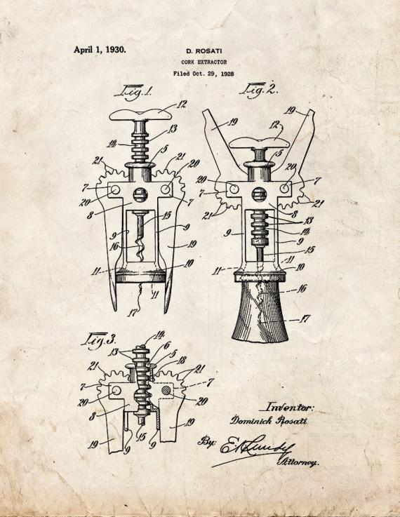 Cork Extractor Patent Print