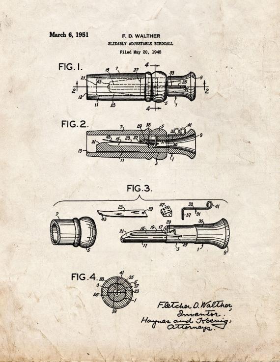 Slidably Adjustable Birdcall Patent Print