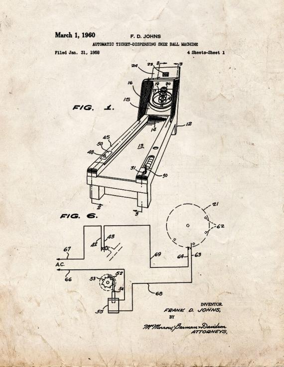 Automatic Ticket-dispensing Skee Ball Machine Patent Print