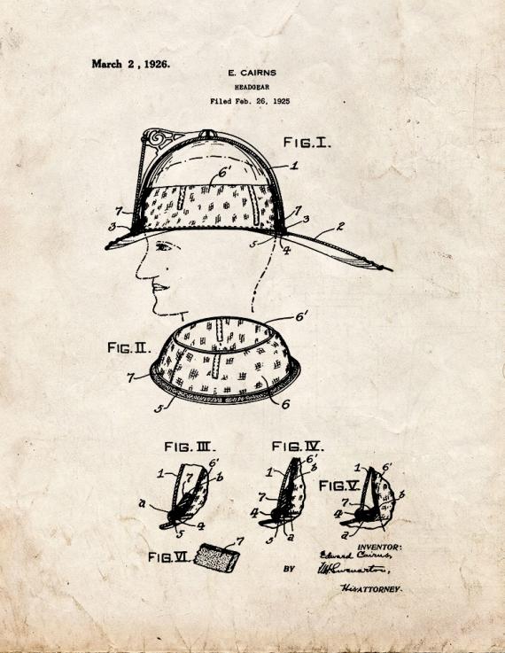 Cairns Fireman Headgear Patent Print