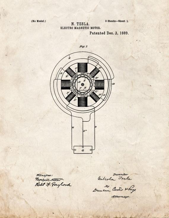Tesla Electro-magnetic Motor Patent Print