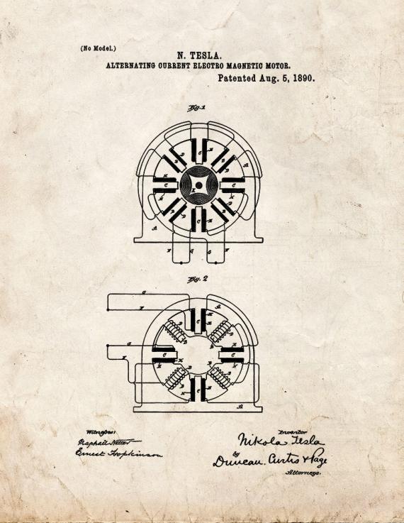 Tesla Alternating Current Electro-magnetic Motor Patent Print