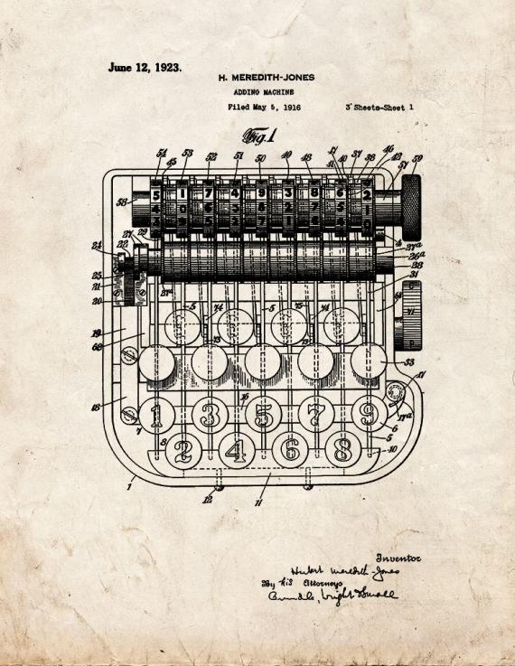 Adding Machine Patent Print