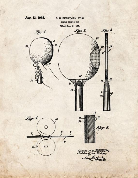 Table Tennis Bat Patent Print