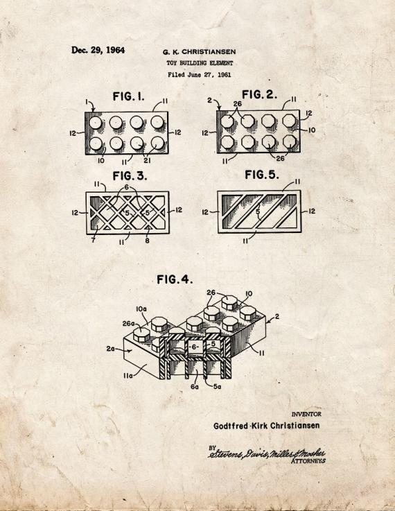 Lego Toy Building Block Element Patent Print