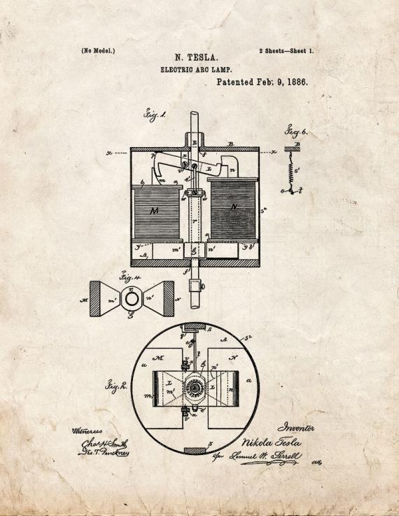 Tesla Electric Arc Lamp Patent Print