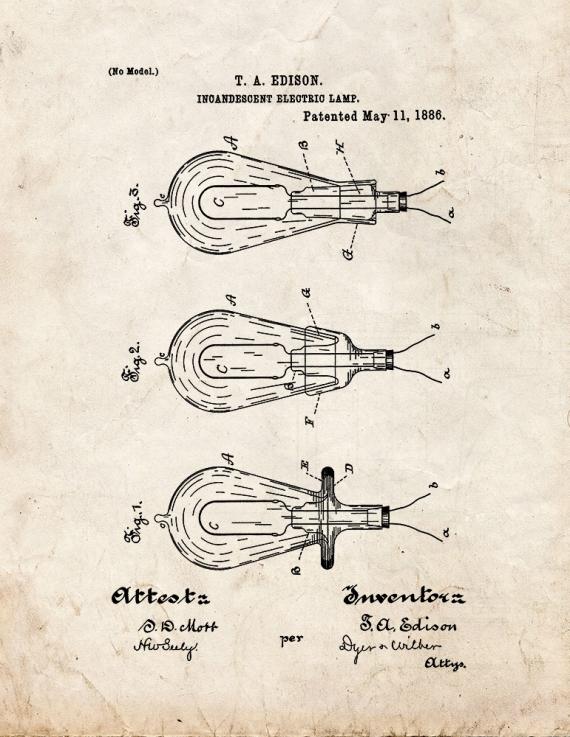 Incandescent Electric Lamp Patent Print