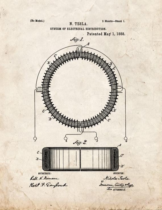 Tesla System Of Electrical Distribution Patent Print
