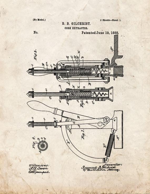 Cork Extractor Patent Print