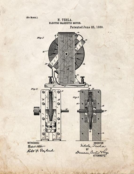 Tesla Electro-magnetic Motor Patent Print