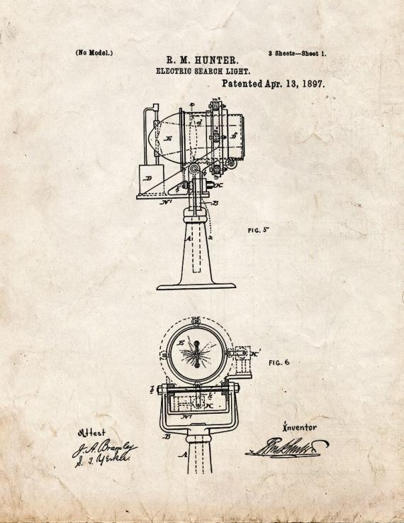 Electric Search Light Patent Print
