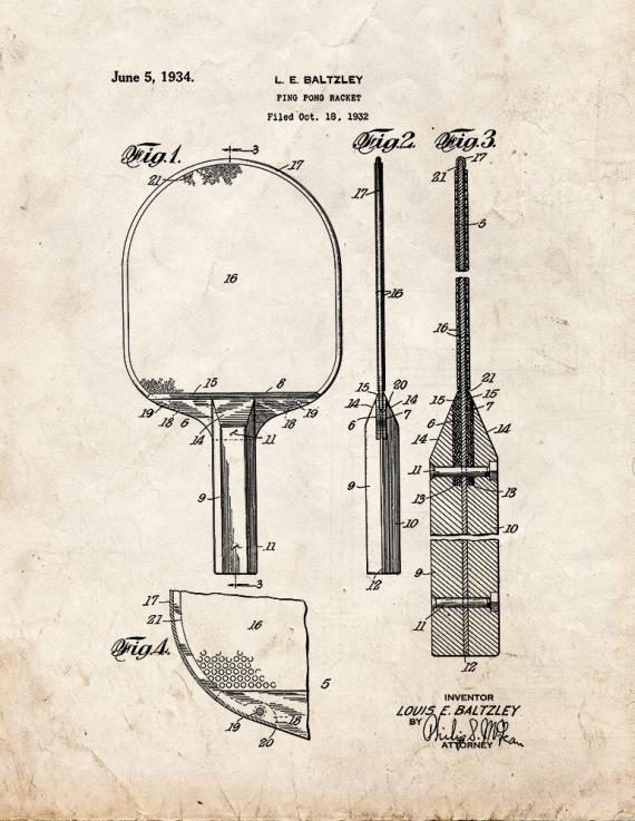 Ping Pong Racket Patent Print