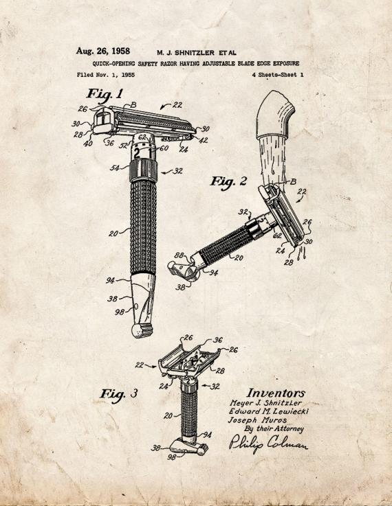 Quick-opening Safety Razor Having Adjustable Blade Edge Exposure Patent Print