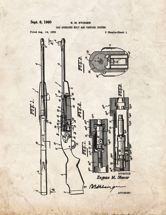 Gas Operated Bolt and Carrier System Gun Patent Print