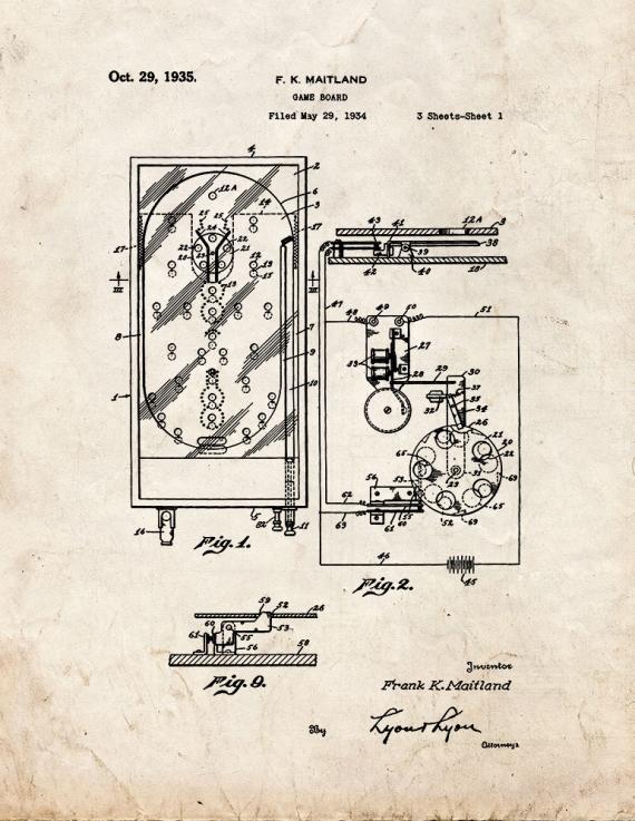 Pinball Game Patent Print