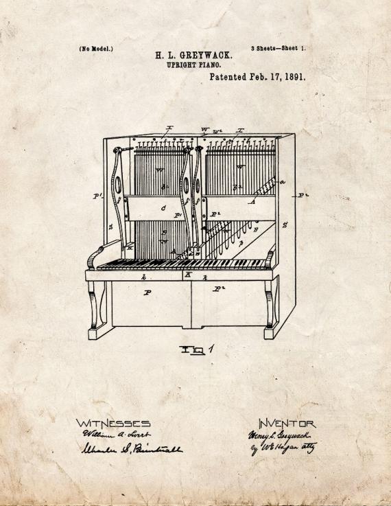 Upright Piano Patent Print