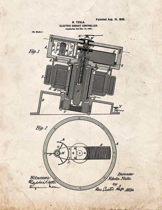 Tesla Electric Circuit Controller Patent Print