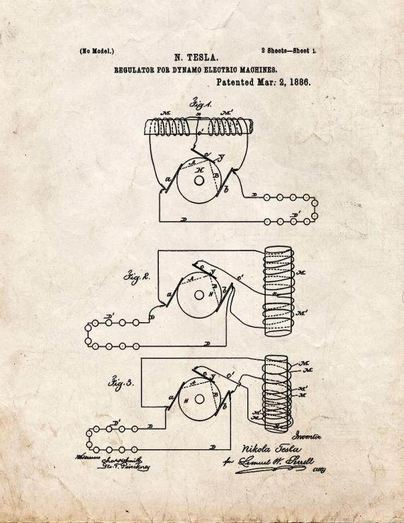 Tesla Regulator for Dynamo-Electric Machines Patent Print