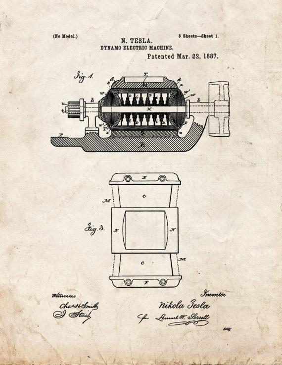 Tesla Dynamo-Electric Machine Patent Print