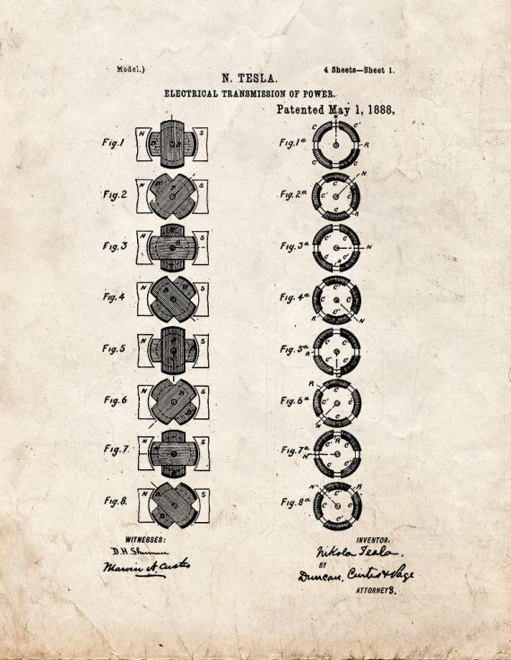 Tesla Electrical Transmission of Power Patent Print