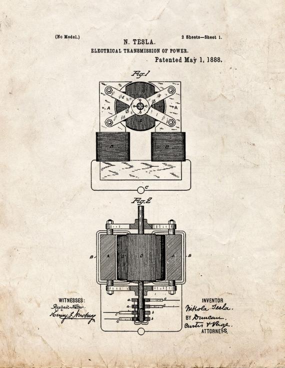 Tesla Electrical Transmission of Power Patent Print