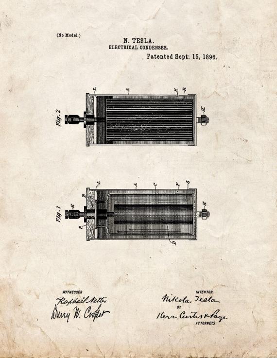 Tesla Electrical Condenser Patent Print