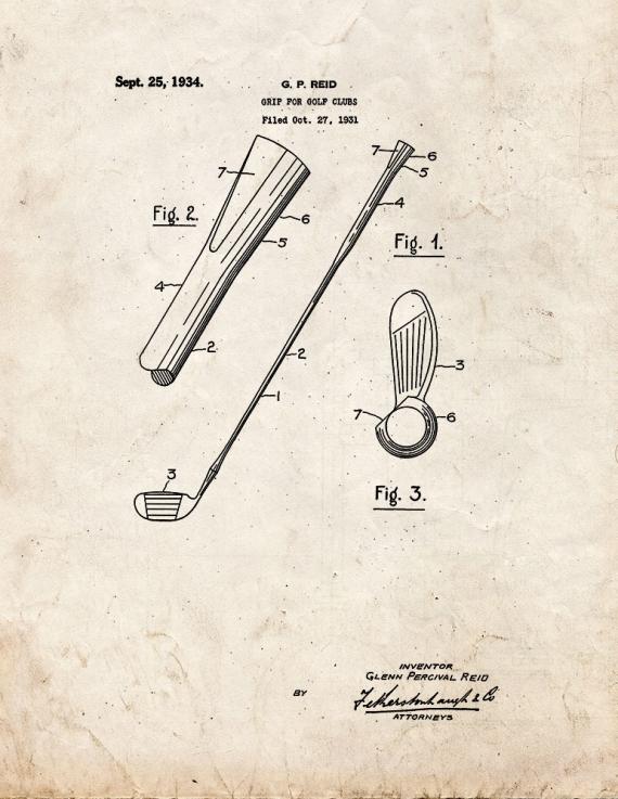 Grip for Golf Clubs Patent Print