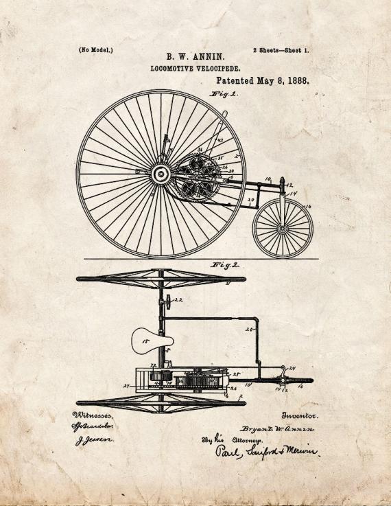 Locomotive-velocipede Patent Print