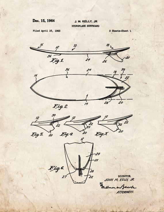 Hydroplane Surfboard Patent Print