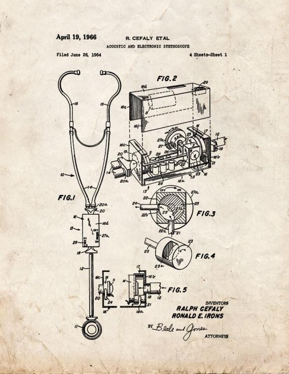 Acoustic and Electronic Stethoscope Patent Print