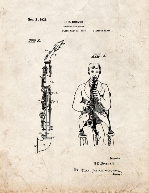 Soprano Saxophone Patent Print