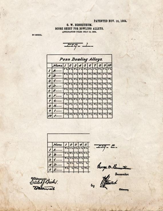 Scoresheet for Bowling Alleys Patent Print