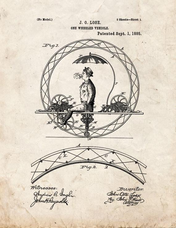 One Wheeled Vehicle Patent Print