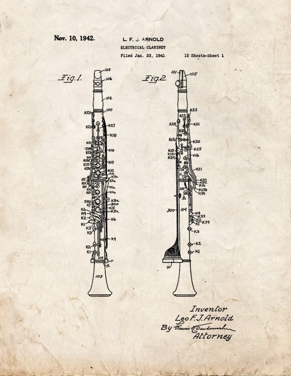 Electrical Clarinet Patent Print