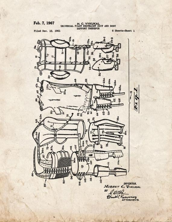 Universal Pilot Restraint Suit and Body Support Patent Print