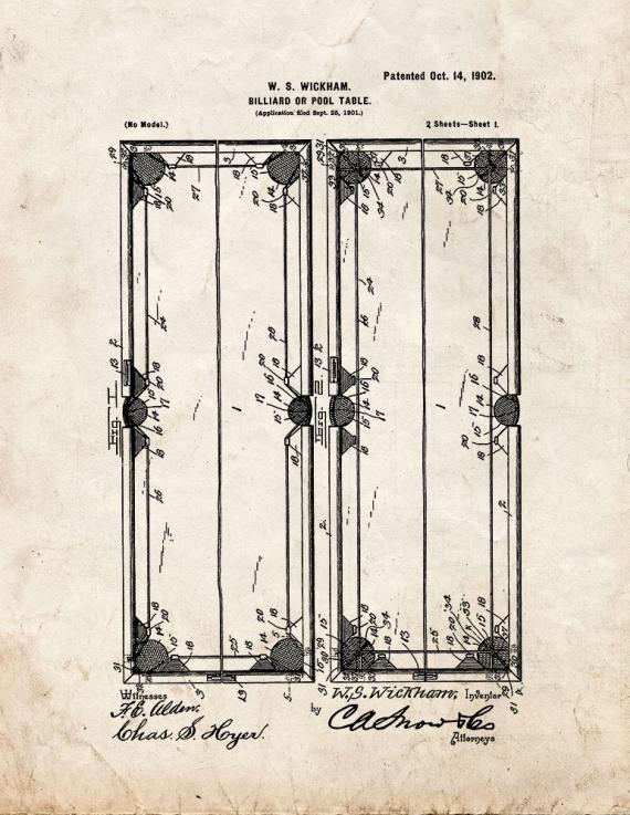 Billiard or Pool Table Patent Print