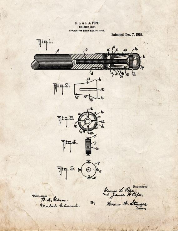 Billiard Cue Patent Print