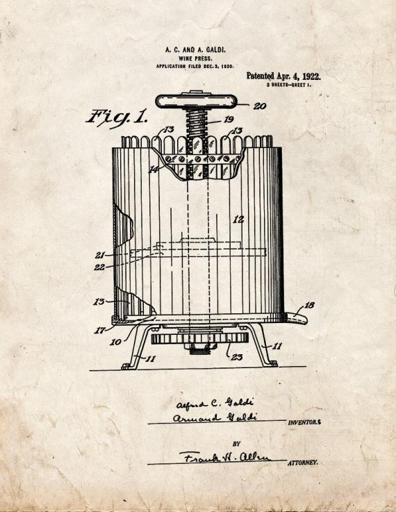 Wine Press Patent Print