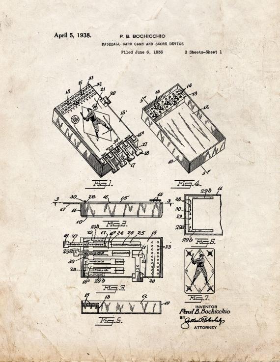 Baseball Card Game and Score Device Patent Print