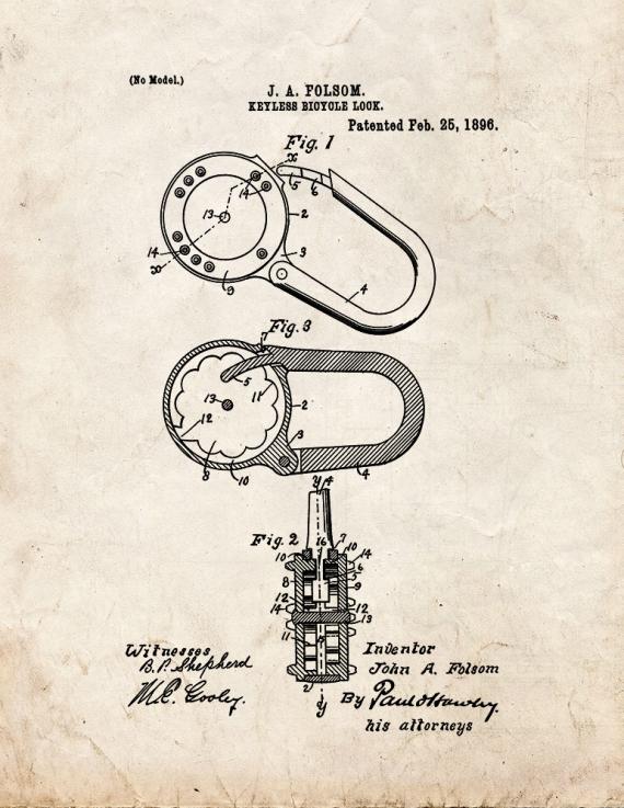 Keyless Bicycle Lock Patent Print
