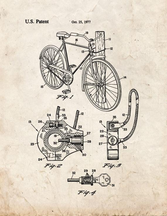 Bicycle Lock Patent Print