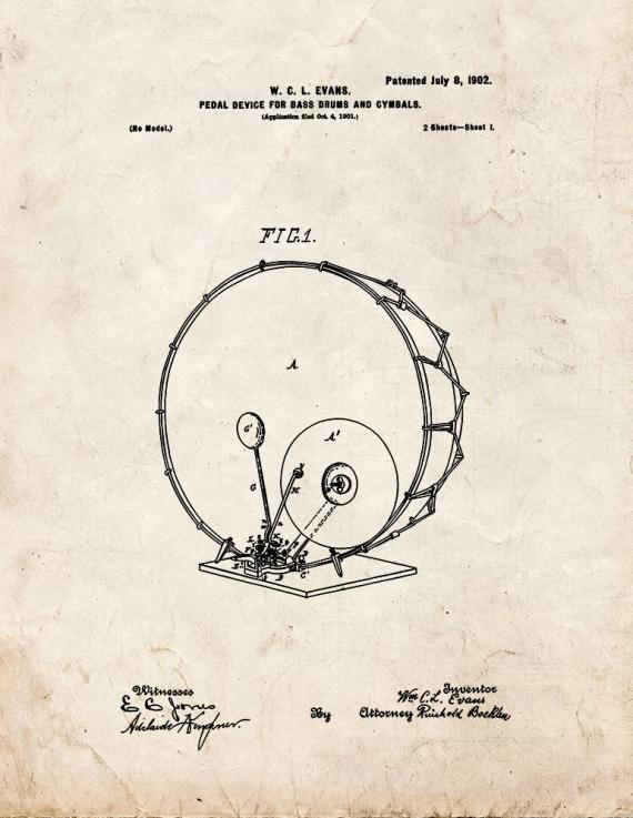 Pedal Device for Bass-drums and Cymbals Patent Print