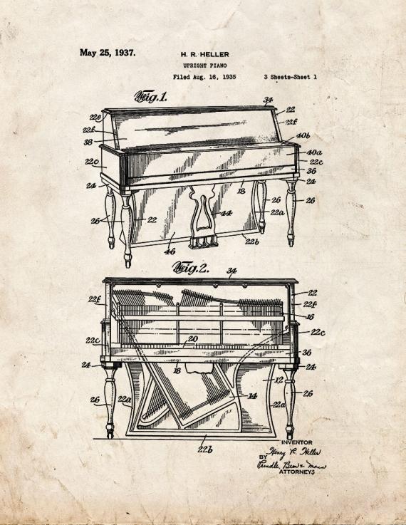 Upright Piano Patent Print