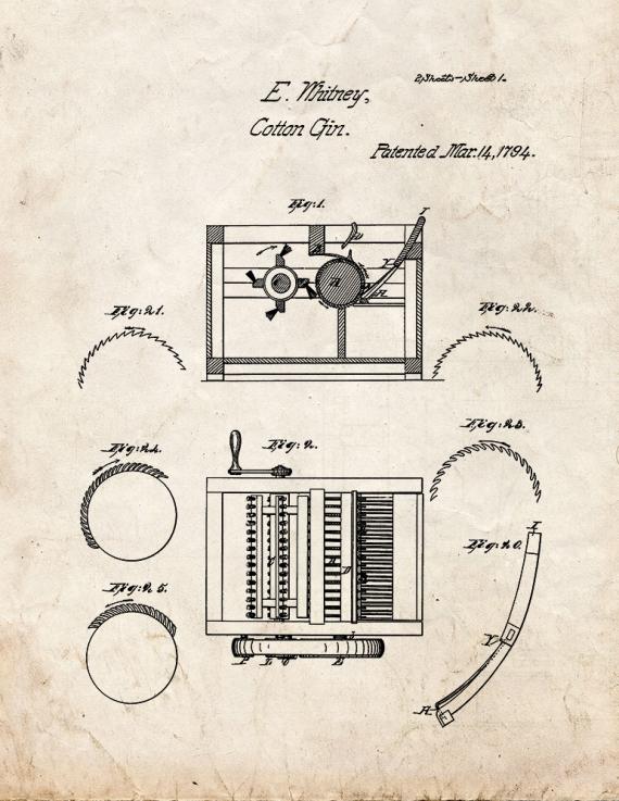 Cotton Gin Patent Print