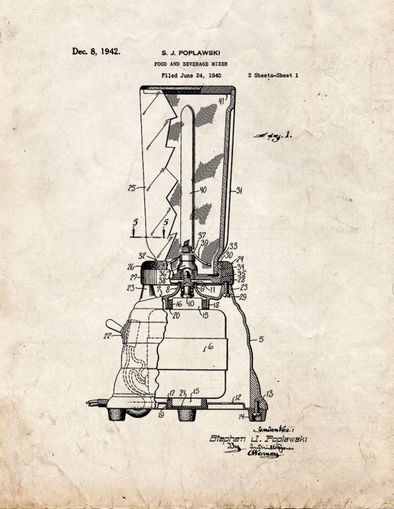 Food and Beverage Mixer Patent Print