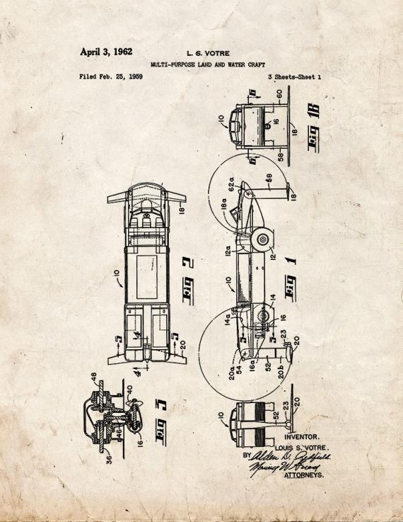 Multi-purpose Land and Water Craft Patent Print