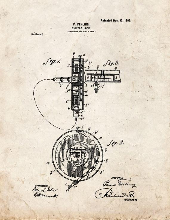 Bicycle Lock Patent Print