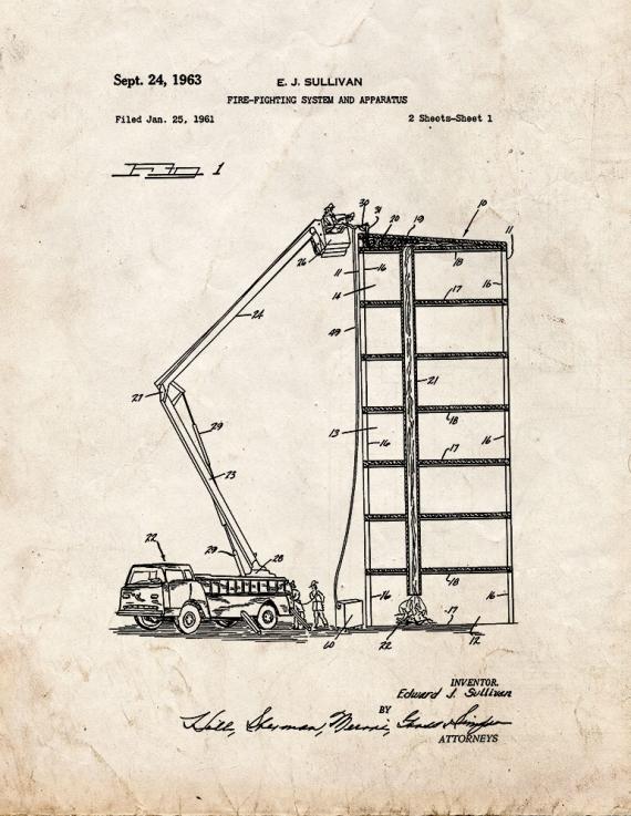 Fire Truck with Ladder Patent Print